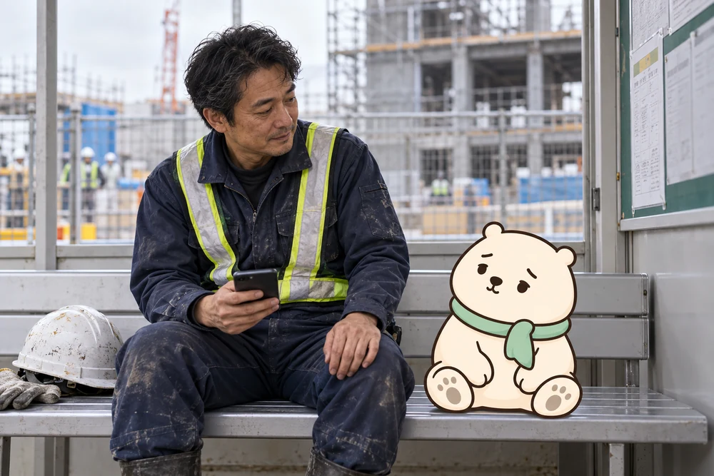 建設現場の安全な休憩場所で自分の調子を振り返る作業員と、イラストのスンナくん。AI生成の利用イメージ
