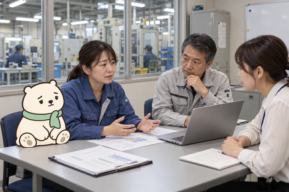製造現場に隣接する事務所で、作業員の話を聴き改善を考える同僚と、イラストのスンナくん。AI生成の利用イメージ