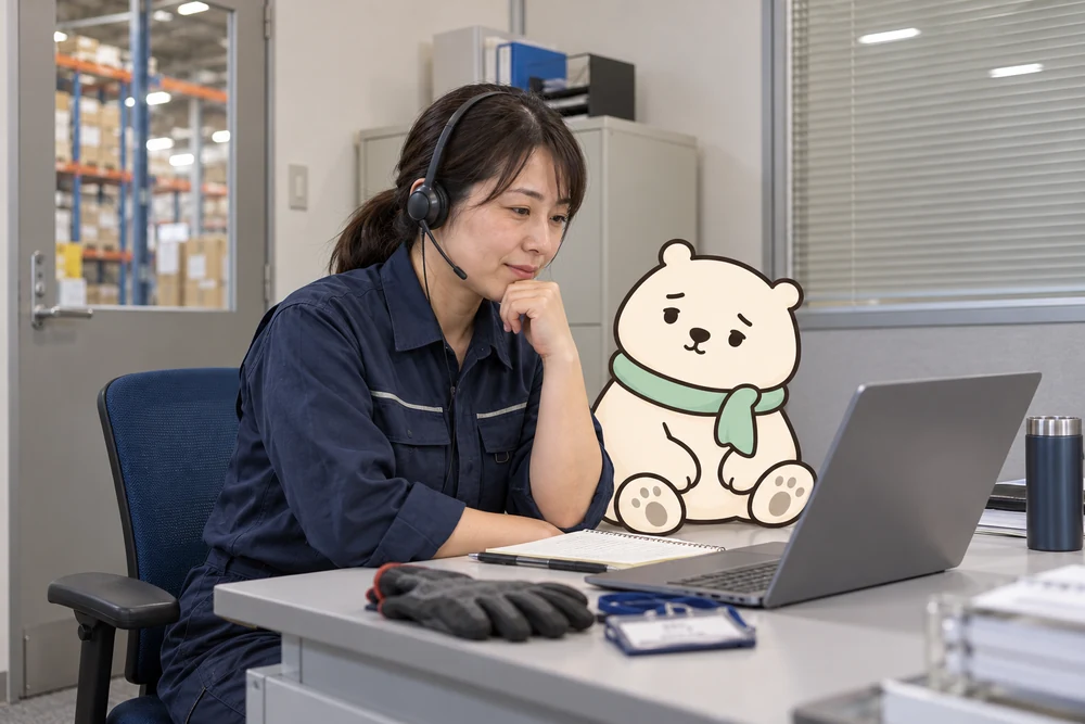物流現場の個室でオンライン相談をする作業員に、イラストのスンナくんが寄り添う。AI生成の利用イメージ