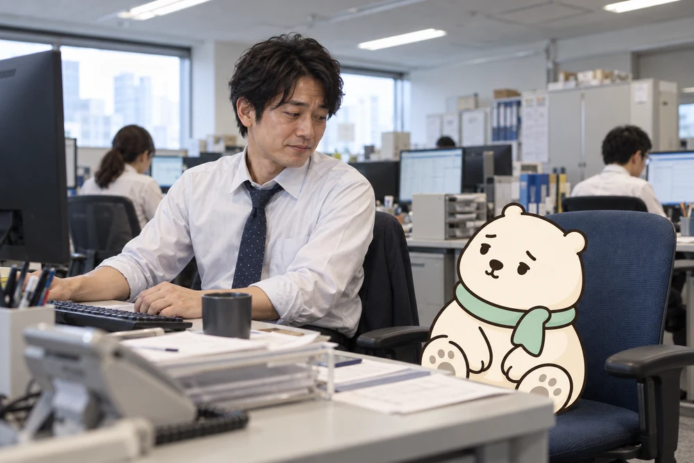 オフィスの自席でひと息つく社員に、イラストのスンナくんが静かに寄り添う。AI生成の利用イメージ