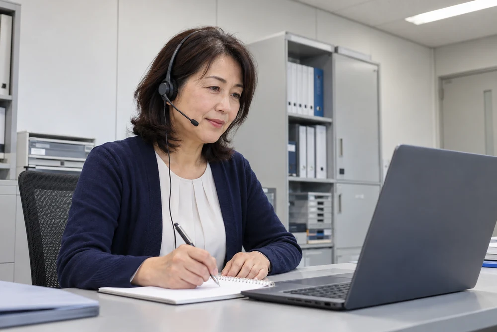 業務用の相談室でオンラインで話を聴き、メモを取る人物。AI生成の相談イメージ